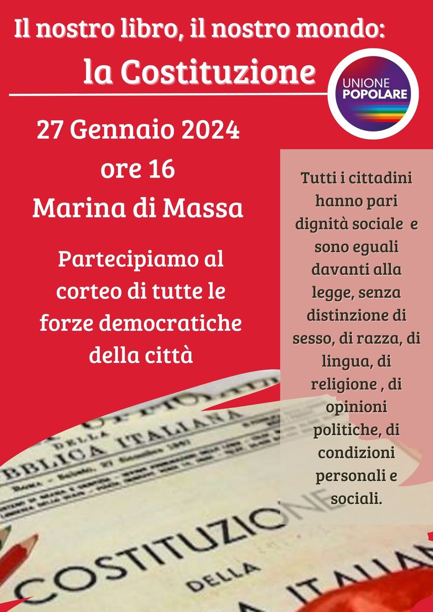 Sabato 27 Gennaio ore 16 Marina di Massa corteo #antifascista per la Costituzione insultata dal libro di Vannacci.