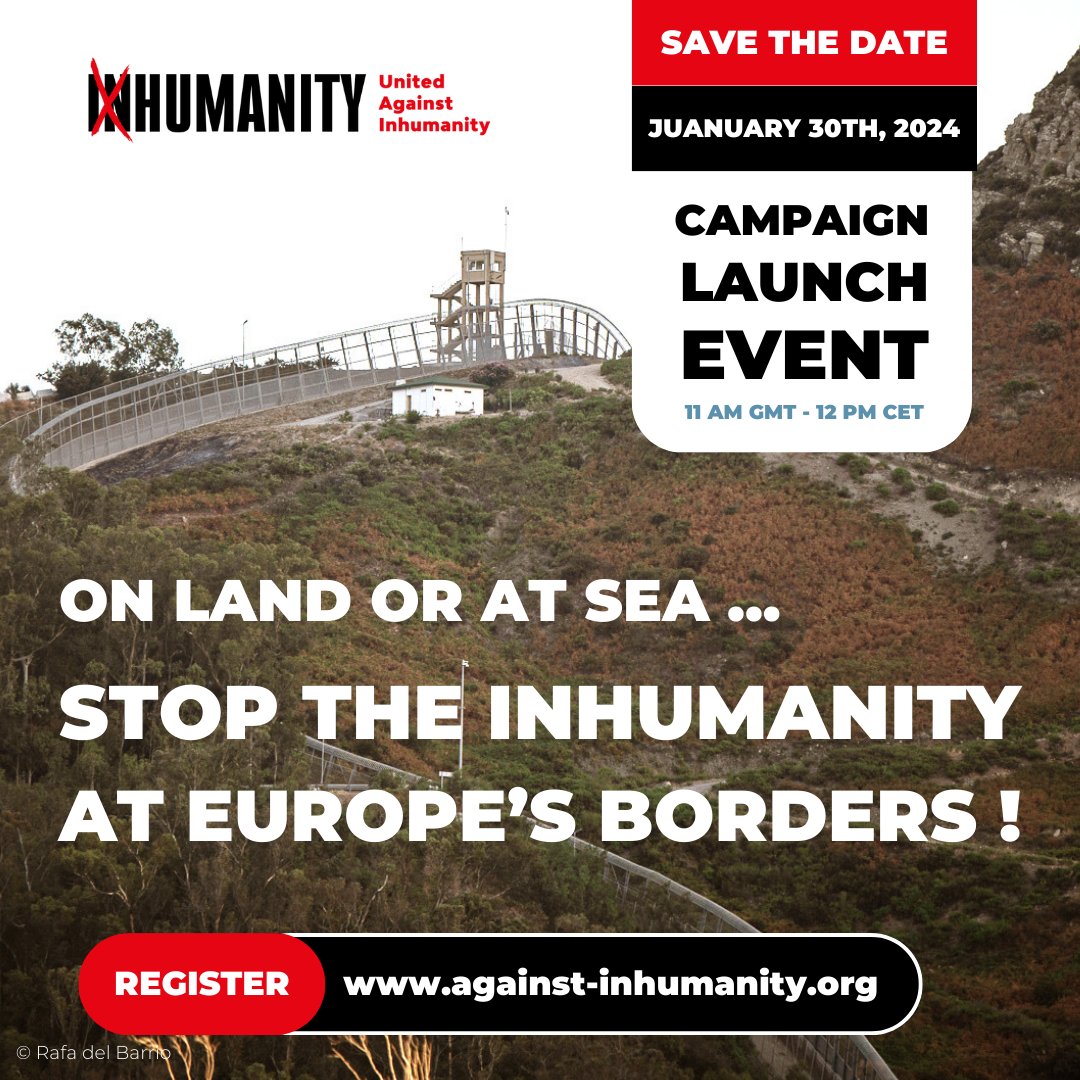 📣LANCEMENT DE LA CAMPAGNE #StopTheInhumanity : Mardi 30 Janvier 2024
📍Methodist Central Hall Westminster #London ou disponible via Zoom
👉 Inscriptions : bit.ly/4956qVp 
#FortressEurope #CivilSocietyMobilisation #HumanRightsMatter #DefendSolidarity #BorderCrisis