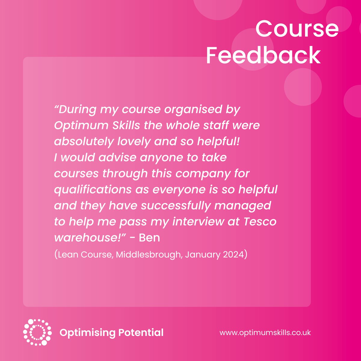 optimumskillsNE's tweet image. Congratulations to Ben for securing a job at Tesco warehouse after completing the Lean Short Course at our Middlesbrough Hub! 👏

Contact the team for information about our upcoming training courses.
☎️ 01325 311832
✉️ info@optimumskills.co.uk

#CourseFeedback #SuccessStories