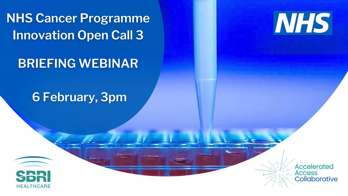 NEW FUNDING OPPORTUNITY: Funding of up to £4M is available for innovations that diagnose cancer earlier. Find out more about the NHS Cancer Programme Innovation Open Call and launch event on Tues 6 Feb sbrihealthcare.co.uk/competitions/n… @NHSEngland @AACinnovation @PWMJohnson @RJG3062