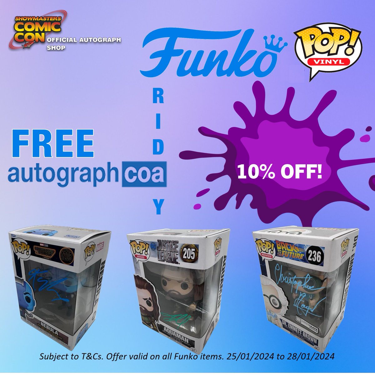 It's Friday and what better way to celebrate payday weekend that with a cheeky promo offer? We have got 10% off all our signed Funko products & we're throwing in free authentication from AutographCOA too.

buff.ly/3vQpj02

Subject to T&Cs. Offer ends Midnight 28/01/24 GMT