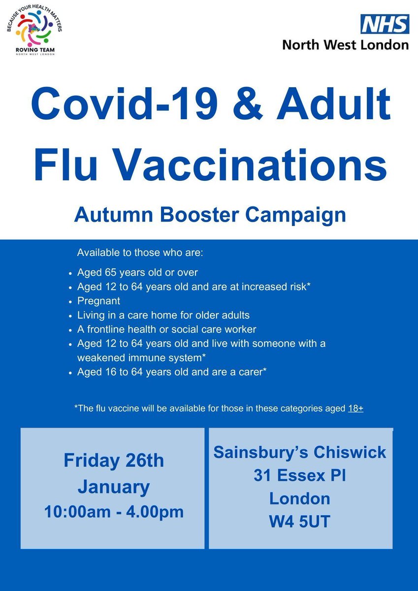 COVID and Flu Vaccinations are being offered outside of Chiswick Sainsbury's between 10am and 4pm today. The NHS North West London team are also offering health consultations including BMI and blood pressure checks.

See below to find out more:
buff.ly/47RlXat