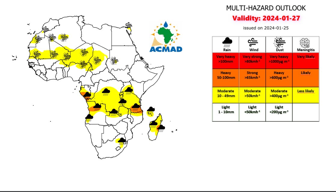 ACMAD_org's tweet photo. 📢⚠️Dust concentration forecast, Jan 26-27, 2024  Significant #Dust concentration is expected over southern Senegal, Morocco, western Mauritania, central and western Algeria, Mali, Burkina Faso, Niger, northern Nigeria, western Chad, western and northern Sudan
 #earlywaning4all https://t.co/sbR7jQmmHR