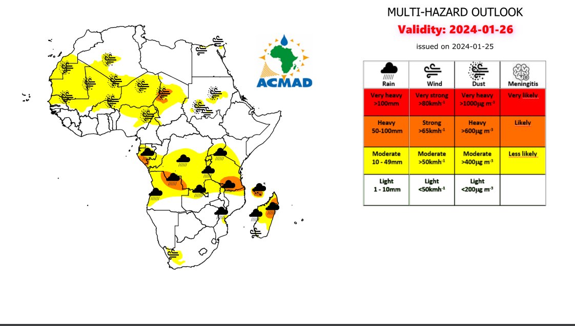 ACMAD_org's tweet photo. 📢⚠️Dust concentration forecast, Jan 26-27, 2024  Significant #Dust concentration is expected over southern Senegal, Morocco, western Mauritania, central and western Algeria, Mali, Burkina Faso, Niger, northern Nigeria, western Chad, western and northern Sudan
 #earlywaning4all https://t.co/sbR7jQmmHR