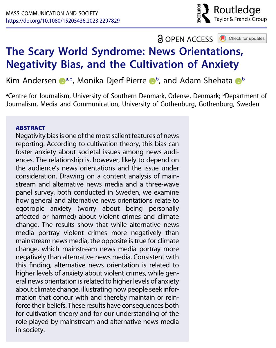 Does negative news relate to worries about being personally harmed by violent crimes and climate change? Yes, but it depends on whether people prefer mainstream or alternative news media. New study with @msmopie and Shehata in @MassComm_Soc: doi.org/10.1080/152054…