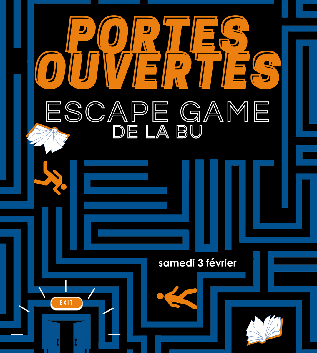 [🧩 Escape game]

Le 3 février lors de la Journée Portes Ouvertes, découvrez votre future Bibliothèque Universitaire à travers cet escape game !
Lycéen·nes, amoureux des bibliothèques, vous aurez une heure pour explorer les 3 étages et rassembler tous les indices.