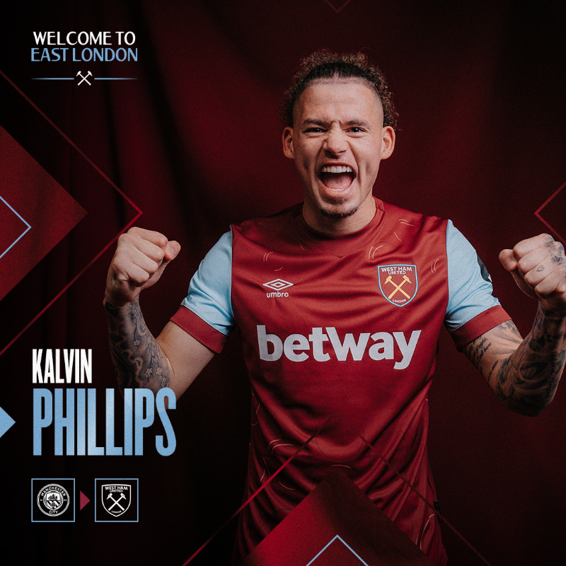WestHam's tweet photo. West Ham United is delighted to confirm the signing of Kalvin Phillips on loan until the end of the 2023/24 season 🖊️