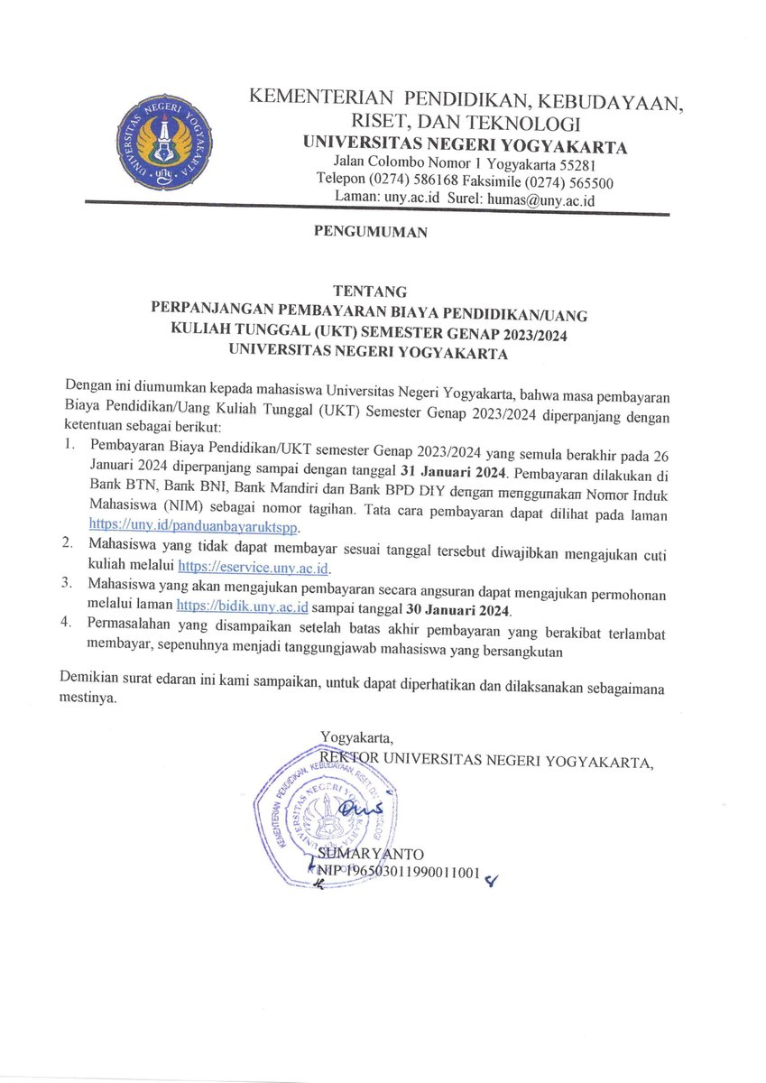 PERPANJANGAN MASA PEMBAYARAN BIAYA PENDIDIKAN/UKT MAHASISWA SEMESTER GENAP 2023/2024