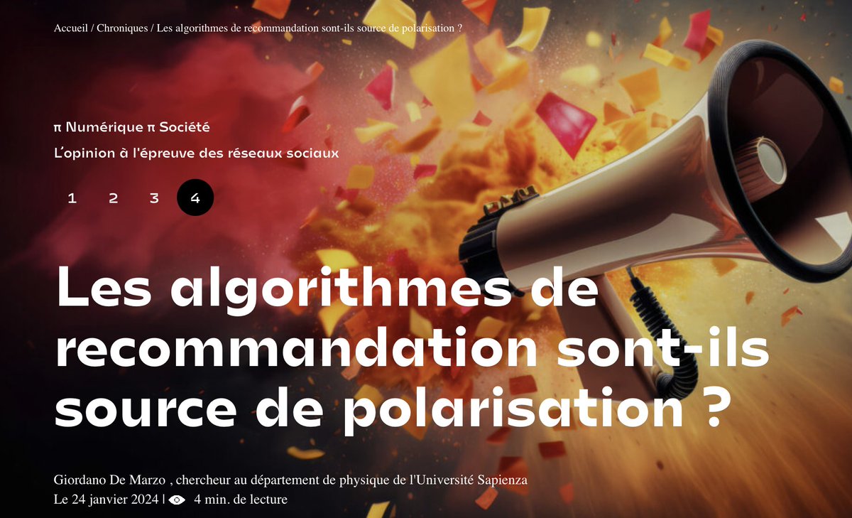 MyrtilleGardet's tweet photo. 🧐Les #algorithmes de recommandation sont-ils source de #polarisation ? 
« En utilisant une approche de #physique statistique, nous avons pu analyser la manière dont les préférences de contenu changent en réponse aux recommandations #algorithmiques»
👇https://t.co/0FiqKZ0jcH https://t.co/eFMwjhz4I7