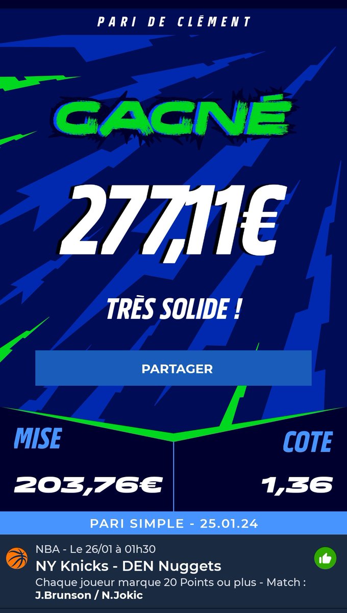 BetClem_'s tweet photo. ON VALIDE LA MONTANTE #NBA 🏀🇺🇲✅🤑

X10 VALIDÉ 🚀✅

Étape 1 🚩 25€ ➡️ 39.99€✅
Étape 2 🚩39.99€ ➡️ 66.94€✅
Étape 3 🚩66.94€ ➡️ 114.47€✅
Étape 4 🚩 114.47€ ➡️ 203,76€✅
Étape 5 🚩 203.76€ ➡️ 277.11€✅

EXPLOSEEZZZ MOI LES LIKE ❤️ ET RT ♻️ L'ÉQUIPE ! 🔥
#TeamParieur https://t.co/z7lAONyKCK