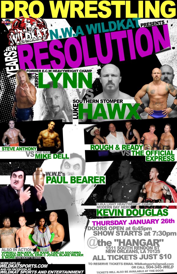 12 years ago, NWA WildKat New Year's Resolution - The Hangar New Orleans, LA
NWA World's Jr Title: Kevin Douglas (w/Percy Pringle III) (c) defeats Erik C. Jones (w/Claudia del Solis)
Jack Ford &amp; Matt Lancie defeat <a href="/themikeposey/">Mike Posey/PDOG</a> &amp; Wes Adams
<a href="/LukeHawx504/">Luke Hawx</a> defeats@itsjerrylynn 
#NWA