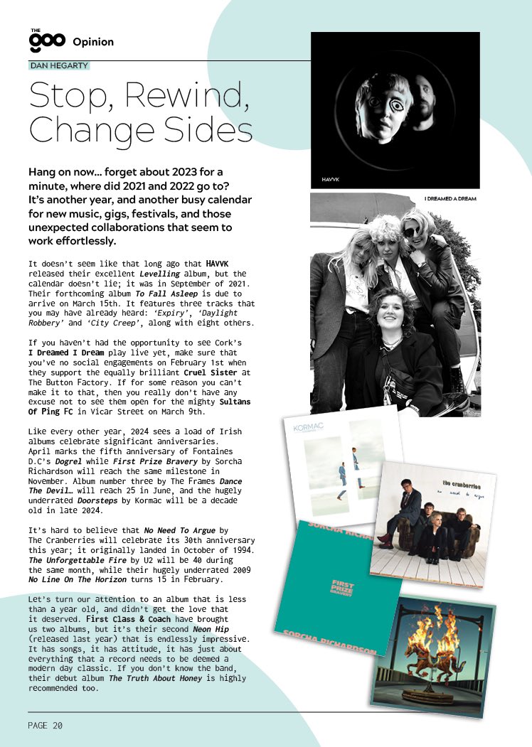 From the latest issue of @theGOOdublin - a piece featuring @HAVVKmusic, @idreamedidream_, @The_Cranberries, @SorchaRichardsn, @fontainesdublin, @TheFrames, @djkormac, @U2, & @FirstAndCoach
