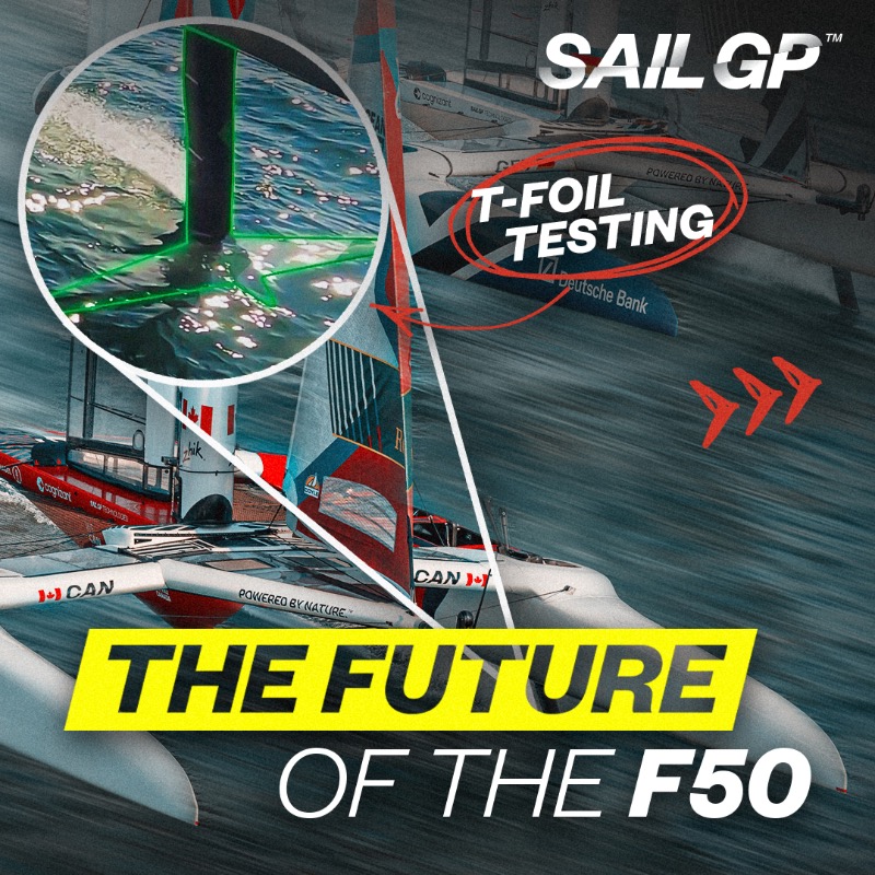 SailGP's tweet photo. The Future of the F50 👀

A 15% speed increase and the ability to foil in lighter airs are two major takeaways from preliminary testing of SailGP’s in-development T-Foils. ⛵️👇

#SailGP