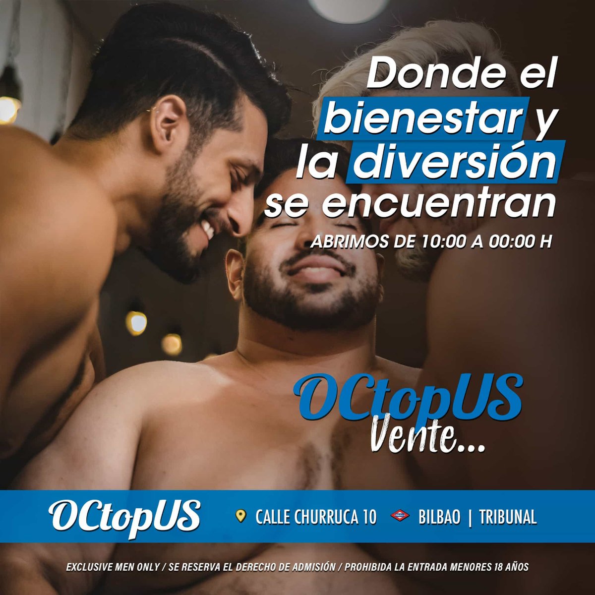 Sauna_Octopus's tweet photo. 𝗦𝗔𝗨𝗡𝗔 𝗢𝗖𝗧𝗢𝗣𝗨𝗦
🐙💦🐻
𝘋𝘰𝘯𝘥𝘦 𝘦𝘭 𝘣𝘪𝘦𝘯𝘦𝘴𝘵𝘢𝘳 𝘺 𝘭𝘢 𝘥𝘪𝘷𝘦𝘳𝘴𝘪ó𝘯 𝘴𝘦 𝘦𝘯𝘤𝘶𝘦𝘯𝘵𝘳𝘢𝘯...
Abrimos de 10:00 a 00:00 h
#saunaoctopus #saunagay #gaymadrid 
--
📍 𝗖𝗮𝗹𝗹𝗲 𝗖𝗵𝘂𝗿𝗿𝘂𝗰𝗮 𝟭𝟬 𝗠𝗮𝗱𝗿𝗶𝗱 https://t.co/755zUYZ7Ri