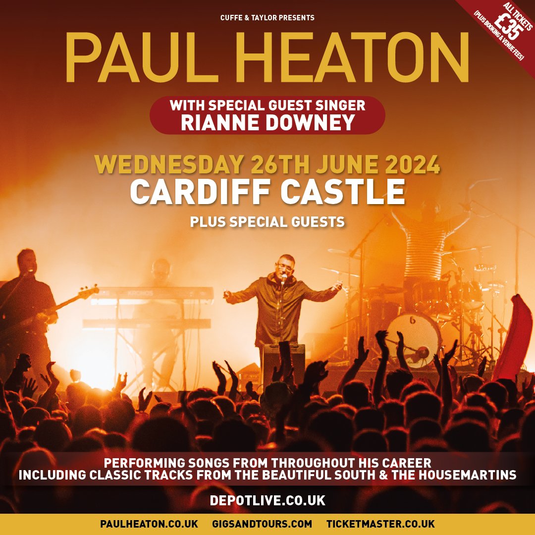 Tickets on sale now from depotlive.co.uk Paul & the band featuring guest singer @riannedowney_ will play Cardiff Castle on Wednesday 26th June. Performing songs from his whole career including Beautiful South, Housemartins & his more recent chart-topping albums.