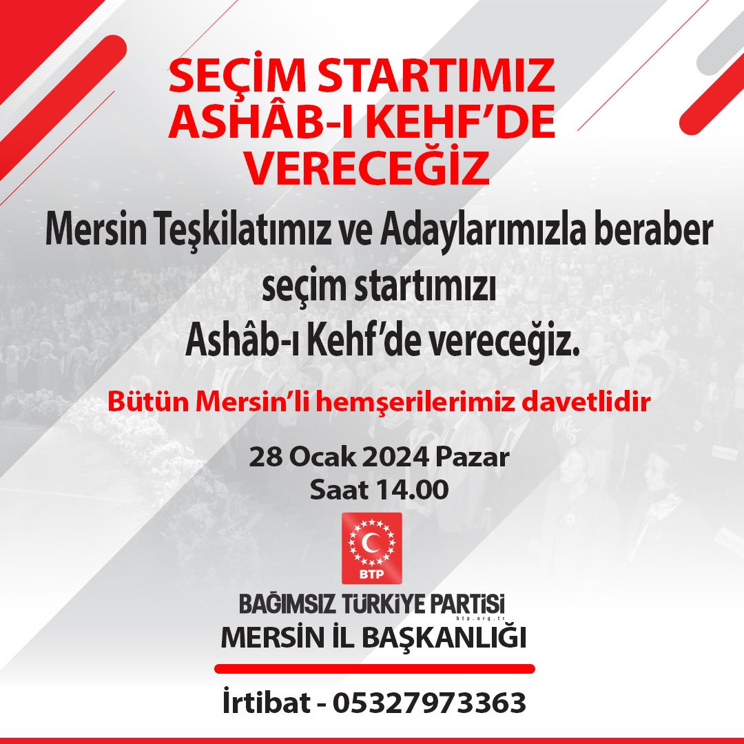 Genel Başkan Yardımcımız @ismailcetin3334 katılımıyla 28 Ocak 2024 Pazar Günü Saat 14.00 Mersin Teşkilatımız ve Adaylarımızla beraber seçim startımızı Ashâb-ı Kehf’i ziyaret edip kurban keserek vereceğiz. Bütün Mersin’li hemşerilerimiz davetlidir. @BTP_Parti @huseyinbas_BTP