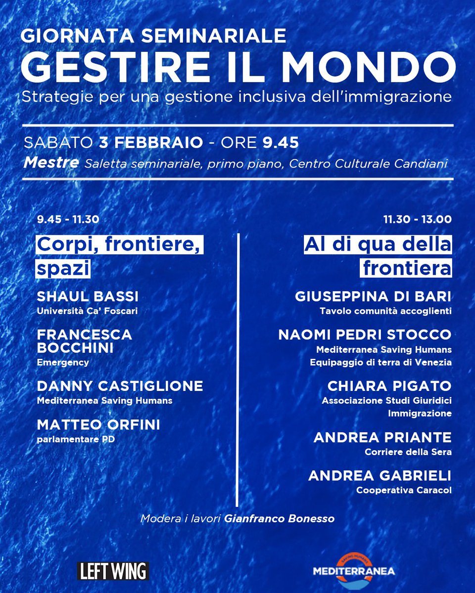 SAVE THE DATE
Il 3 febbraio abbiamo organizzato un seminario sulla "sfida delle migrazioni". Tanti gli ospiti per arrivare a proposte concrete <a href="/leftwing_it/">Left Wing</a> <a href="/RescueMed/">Mediterranea Saving Humans</a> <a href="/emergency_ong/">EMERGENCY</a> <a href="/orfini/">Orfini</a>