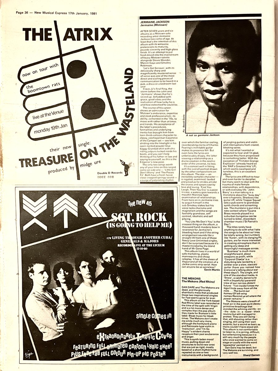 Jermaine Jackson, The Mekons. LPs reviewed by David Corio and Sheryl Garratt. Plus ads for XTC and The Atrix. New Musical Express, 17 January 1981.