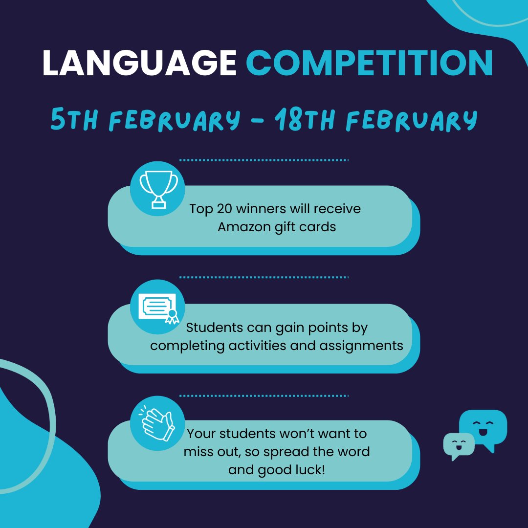Exciting announcement!!! 👀🎉
We will be running a language competition starting 5th February and ending midnight 18th February for all schools worldwide! 🥳
Prizes for the top 20 winner including Amazon gift cards and Languagenut Certificates of Achievement!
#languagenut #edtech