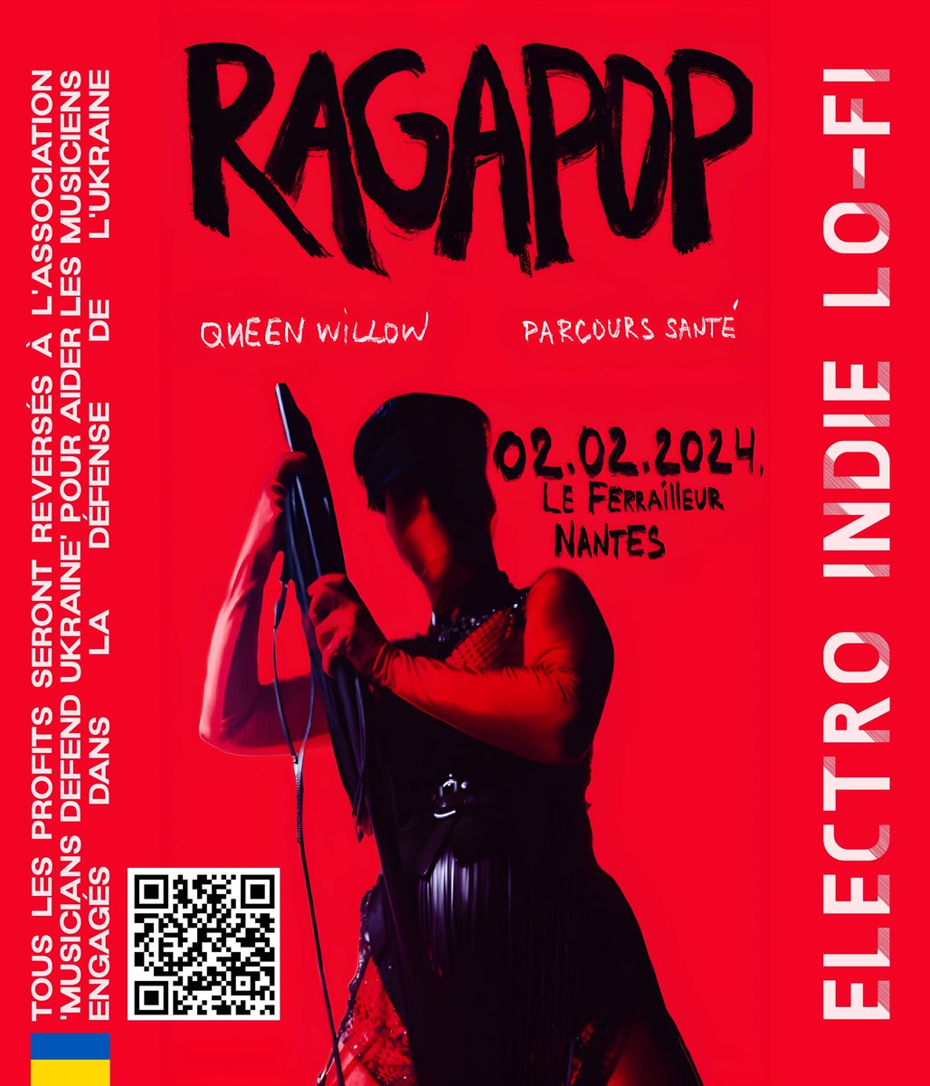 Rejoignez-nous avec le collectif MDU pour une soirée caritative en soutien à l'Ukraine le 02 février 2024 ! Cette soirée sera composée de trois concerts : Queen Willow (Folk) Parcours Santé (Pop-Core) Ragapop (Post-punk, electro) Event : bit.ly/3SvtPtW Prix libre