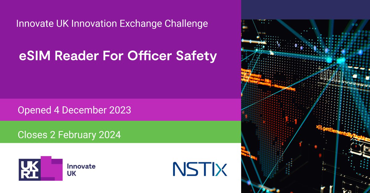 IUK_Defence's tweet photo. New Innovate UK Innovation Exchange Challenge: eSIM Reader for Officer Safety is seeking innovative tech solutions to read International Mobile Subscriber Identity (IMSI) numbers securely. Apply now for up to £60,000 funding!
Find out more: https://t.co/OX55u53wN6 https://t.co/2vvz1MhuYy