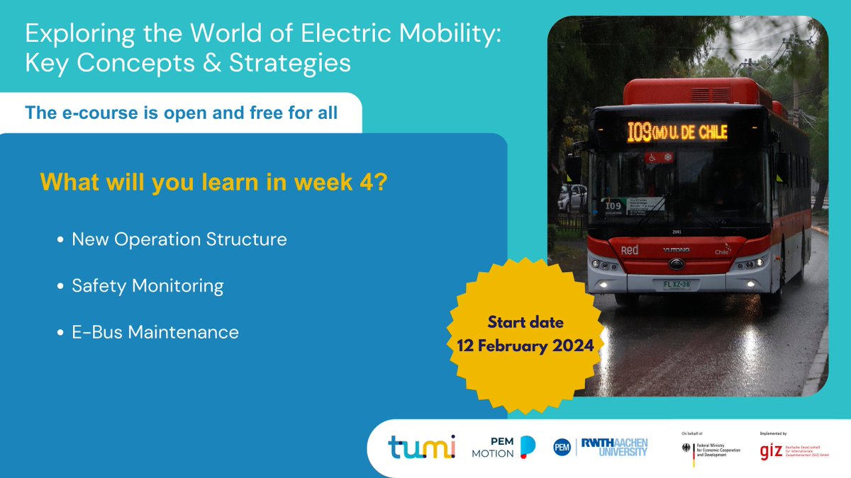 TUMInitiative's tweet photo. 📊 Uncover the insights of the fourth week, exploring operational planning, monitoring, and more in our electric buses course. Secure your spot for the learning journey starting on 12 February 2024. https://t.co/w49g0ZcbkK #tumiEBuses https://t.co/9DnnkA7ATT
