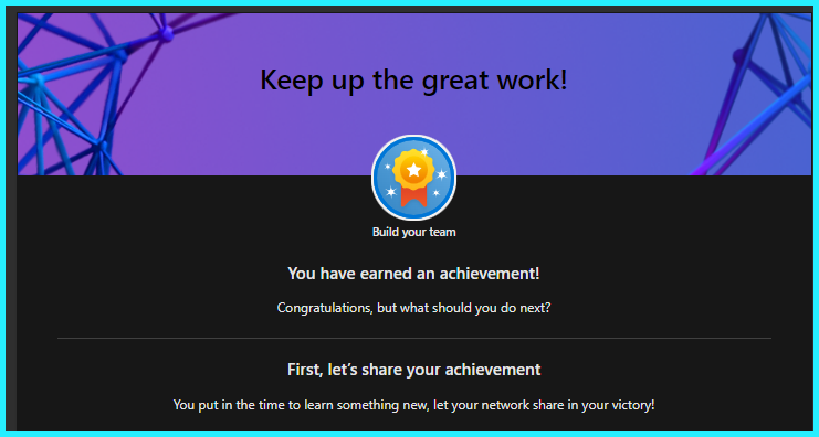Today I earned my "Build your team" badge! I’m so proud to be celebrating this achievement and hope this inspires you to start your own <a href="/MicrosoftLearn/">Microsoft Learn</a> journey!

 learn.microsoft.com/api/achievemen… #MSLearnBadge