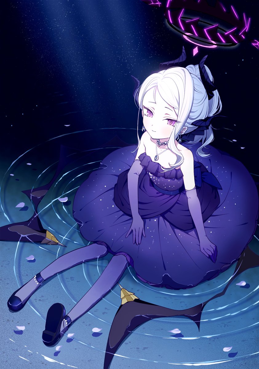 hina (blue archive) ,hina (dress) (blue archive) 1girl solo horns dress gloves white hair purple eyes  illustration images