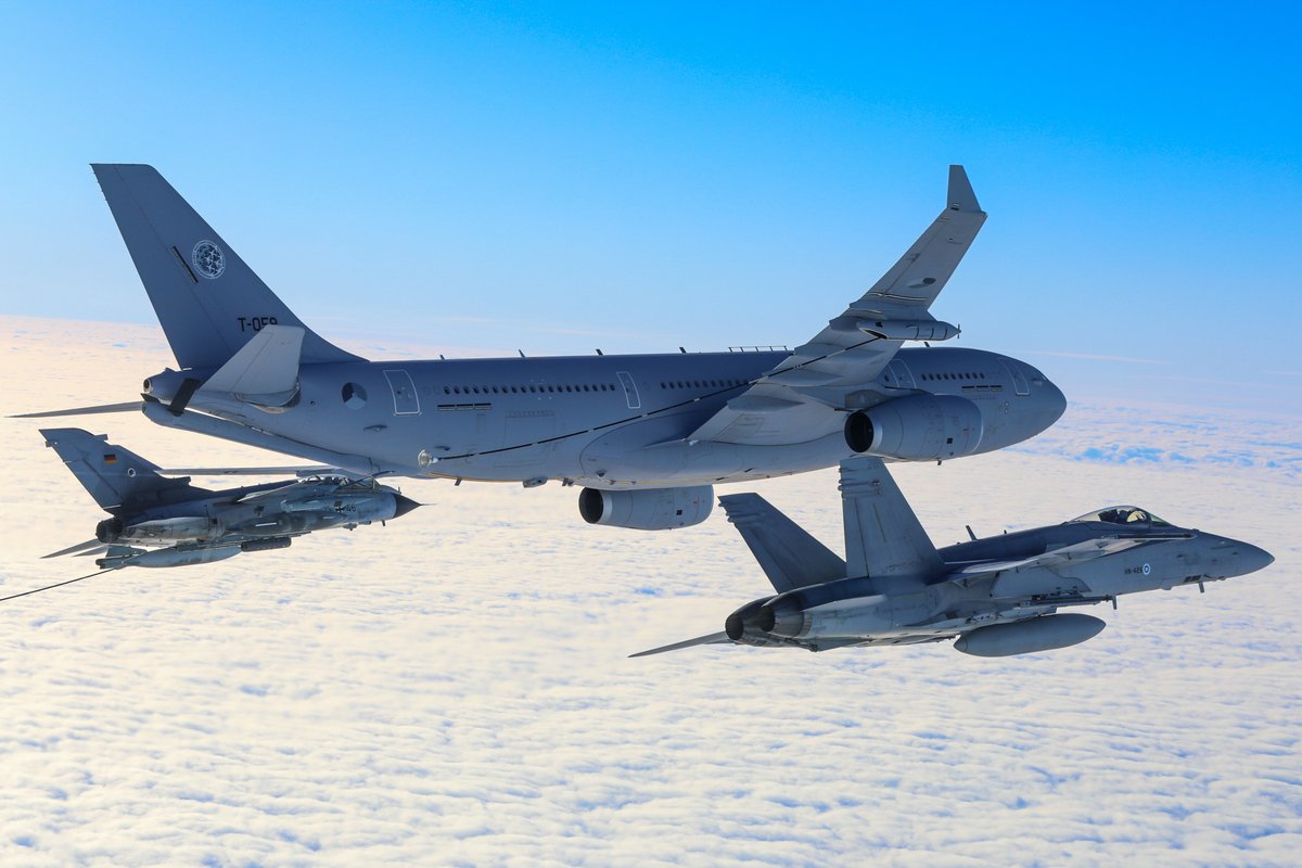 The Finnish Air Force’s 🇫🇮 F/A-18 Hornets took part in a training mission with 🇸🇪 Gripens, 🇩🇪 Tornados and 🇩🇪 Eurofighters over the Baltic Sea on 25 January. The fighters refueled from <a href="/A330_MMU/">Multinational Multirole Tanker Transport Unit</a> tanker aircraft near Gotland. #ilmavoimat #StrongerTogether