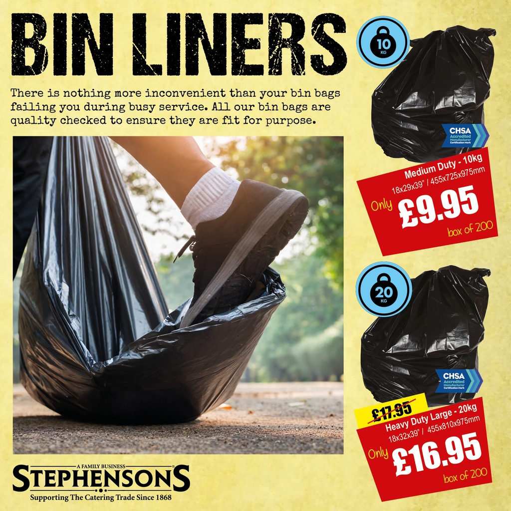 Keep your bar, kitchen, and other workspaces clean with our great value Weekly Savings deals. Purchase quality bin liners that you can rely on to keep up with the demand of a busy working environment.

stephensons.com/heavy-duty-bla…

#weeklysavings #deals #hospitalty #catering