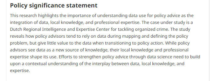 Wonder what #data in #policy looks like? In this new article referring to a Dutch law enforcement case, Wybren van Rij, @albertmeijer & @RianneDekker_ show the interplay of the (weighted) role of data, local insights and professional expertise at work: doi.org/10.1017/dap.20…