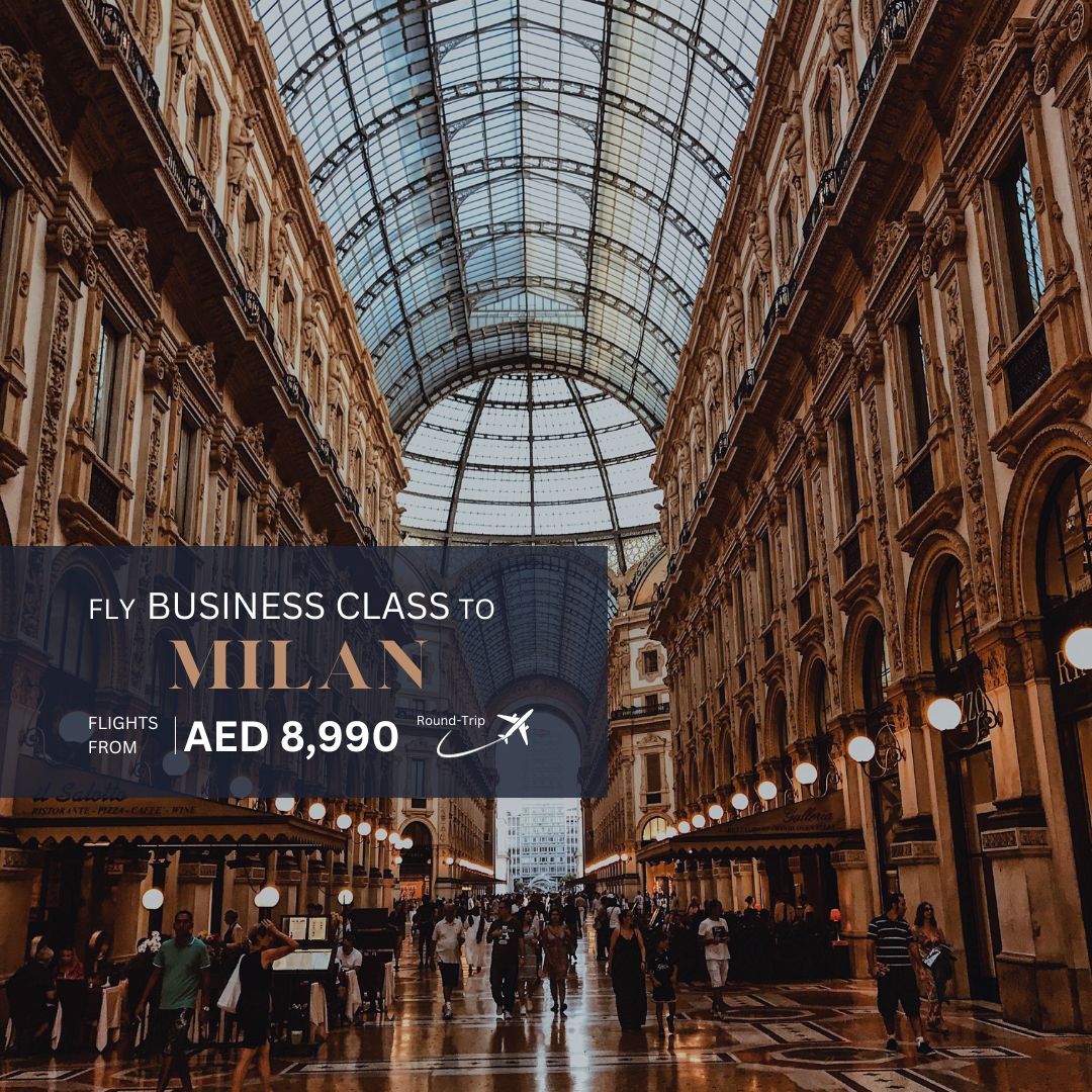 Fly to Milan from Dubai/Abu Dhabi with #FIRSTCLASSflights, just AED 8,990!🛫 

Dive into the world of fashion and design, admire the majestic Duomo, or savor Milanese cuisine. #businessclassflights #luxurytravel