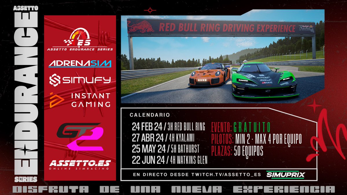 👀 CAMPEONATO DE ENDURANCE GT2

✅ Inscripciones abiertas  hoy a las 20:00h en nuestra web: assetto.es/competiciones/

✔️Consulta fechas y revisa la información en nuestro discord:
discord.com/invite/HXQsS4k 

 ♥️ Equipos de 2 a 4 con inscripción gratuita.

🎙️ Retransmite <a href="/simuprix/">Simuprix</a>