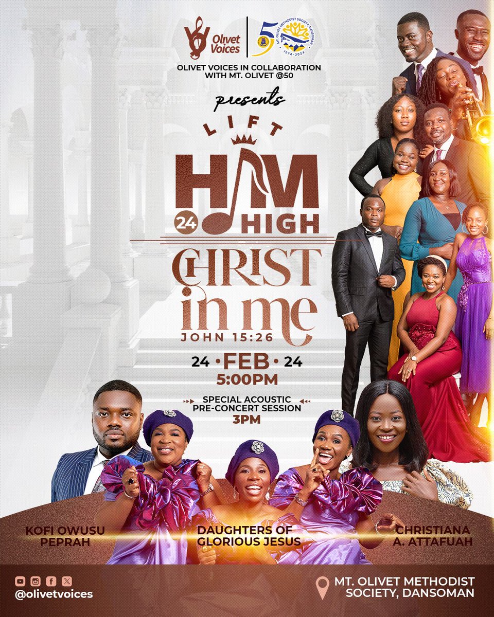 Lift Him High 24 - The Golden Jubilee Edition 🥳🥳🥳🥳🥳🥳🥳🥳🥳🥳🥳🥳🥳🥳🥳🥳🥳

On the 24th of February, 2024 <a href="/OLIVET/">olivet</a>  in honour of Mt.Olivet Methodist Society Golden Jubilee celebrations will be hosting Lift Him High 24.

#LHH24
#ChristInMe
#MtOlivetis50
#GoldenJubillee