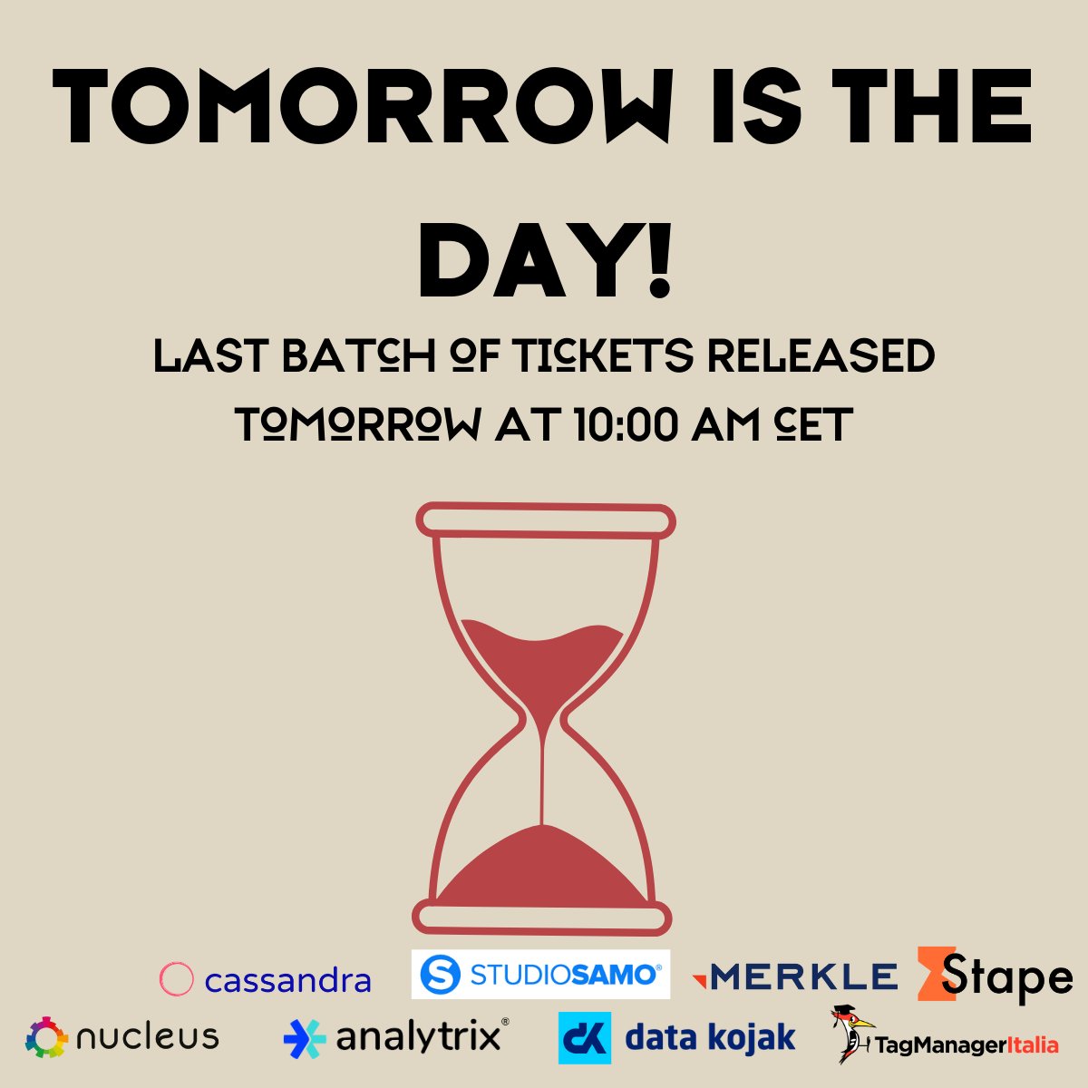 Measurecamp Italy (@measurecampit) on Twitter photo π¨ Don't miss out! β° Final opportunity to snag your ticket for MeasureCamp Italy. Set your alarms for tomorrow at 10:00 CET. ποΈ Secure your spot at the ultimate unconference in measurement and analytics! #MeasureCamp #LastChance
italy.measurecamp.org/registration/ π¨ Don't miss out! β° Final opportunity to snag your ticket for MeasureCamp Italy. Set your alarms for tomorrow at 10:00 CET. ποΈ Secure your spot at the ultimate unconference in measurement and analytics! #MeasureCamp #LastChance
italy.measurecamp.org/registration/