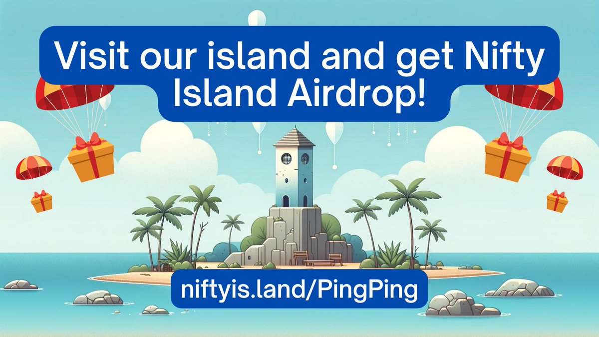 Win <a href="/niftyisland/"></a> Airdrop with NFT Ping! 🎁 

✅ Visit our island: niftyis.land/PingPing
✅ Like, RT, and Reply to this tweet
✅ Submit task completion screenshots on our Discord.

Giving away Airdrop, we will receive!

Details in Discord announcement: discord.gg/K9NzB9aW99