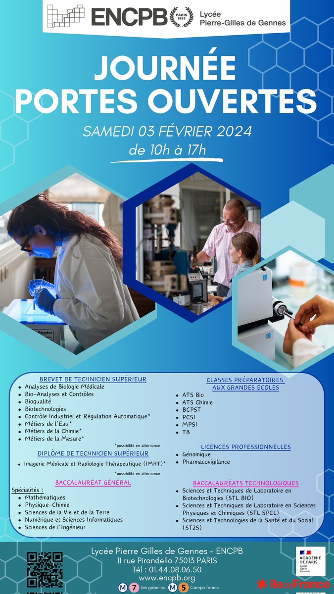 📣 #JPO à l’ENCPB ! Venez découvrir nos formations pré-bac et post-bac ! 
#orientation #parcoursup <a href="/Academie_Paris/">Académie de Paris</a> <a href="/DocsParis/">Documentation académie de Paris</a> <a href="/Onisep/">Onisep</a>