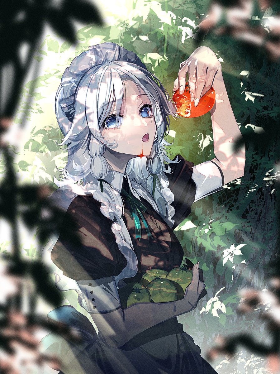 izayoi sakuya 1girl solo food maid headdress blue eyes fruit holding  illustration images