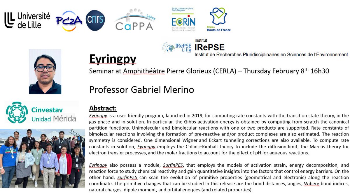 📢Upcoming seminars @theochemmerida @CinvestavFisApl @gradSCPLille @inter_univlille @ED_SMRE @PC2A_umr8522 @CNRS_HdF @RechercheUlille @labexcappa @CperEcrin Viva 🇫🇷 🇲🇽collaboration @LatinXChem @Clause1Sbastien @GossetDidier1 @niltoulouse Zoom link available by DM.