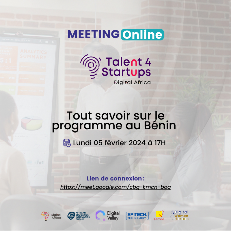 Un meeting spécial en ligne pour répondre à toutes vos préoccupations sur le programme #Talent4Startups au Bénin.

Lien de connexion : meet.google.com/cbg-kmcn-boq

Avez-vous des interrogations ? N'hésitez pas à les formuler ici : bit.ly/mesquestions-T…

#DigitalValley #DigitalAfrica