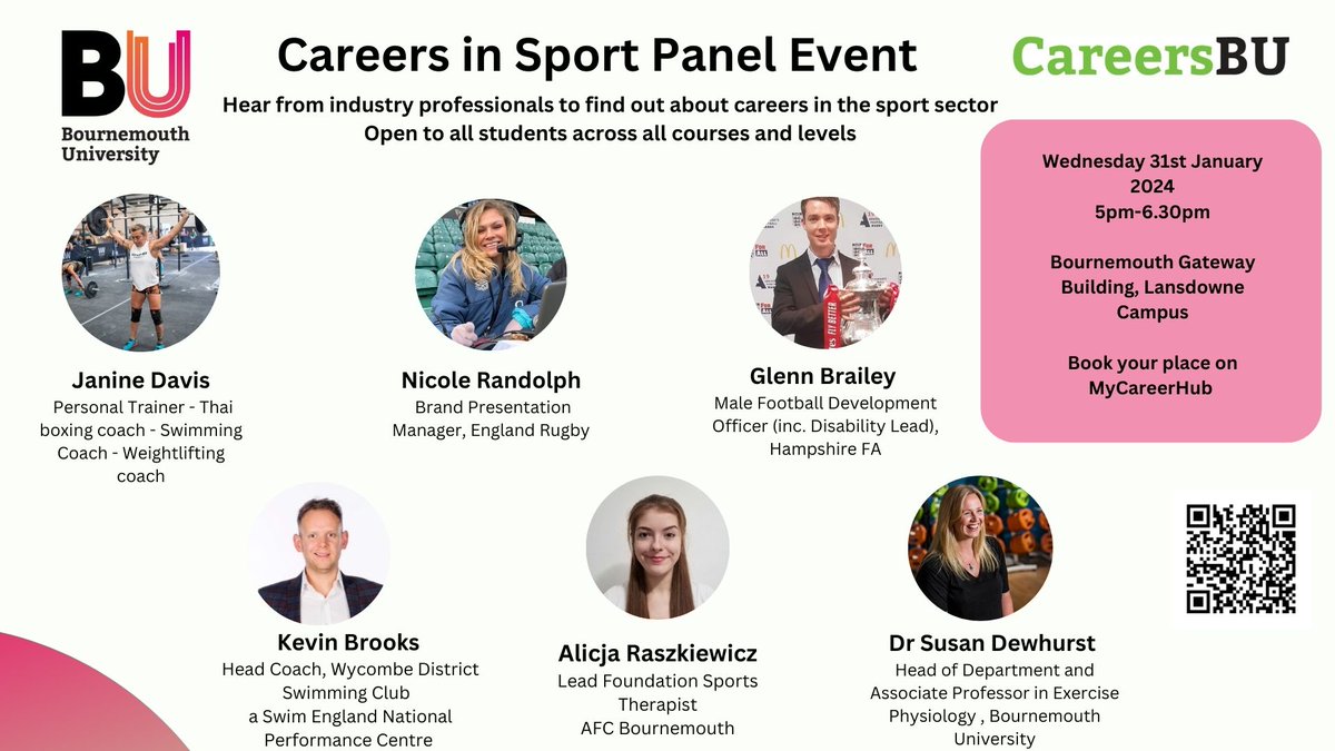 Be sure to join the Careers in Sport Panel Event here: mycareerhub.bournemouth.ac.uk/students/event… Hosted at BGB on 31 January 5pm - 6:30pm for all students. 🏢 @BUSportsTherapy @ExerciseSport #careersevent #careersinsport