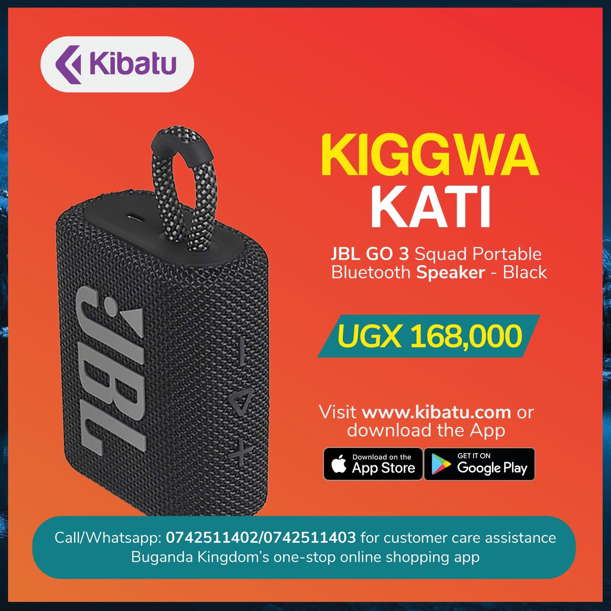 Enjoy the best music sound with a black JBL Go 3 squad portable bluetooth speaker.
Visit the website on kibatu.com or download the App for unforgettable shopping experience.
#BeeyiNsaamuSamu #Shopping #Ecommerce