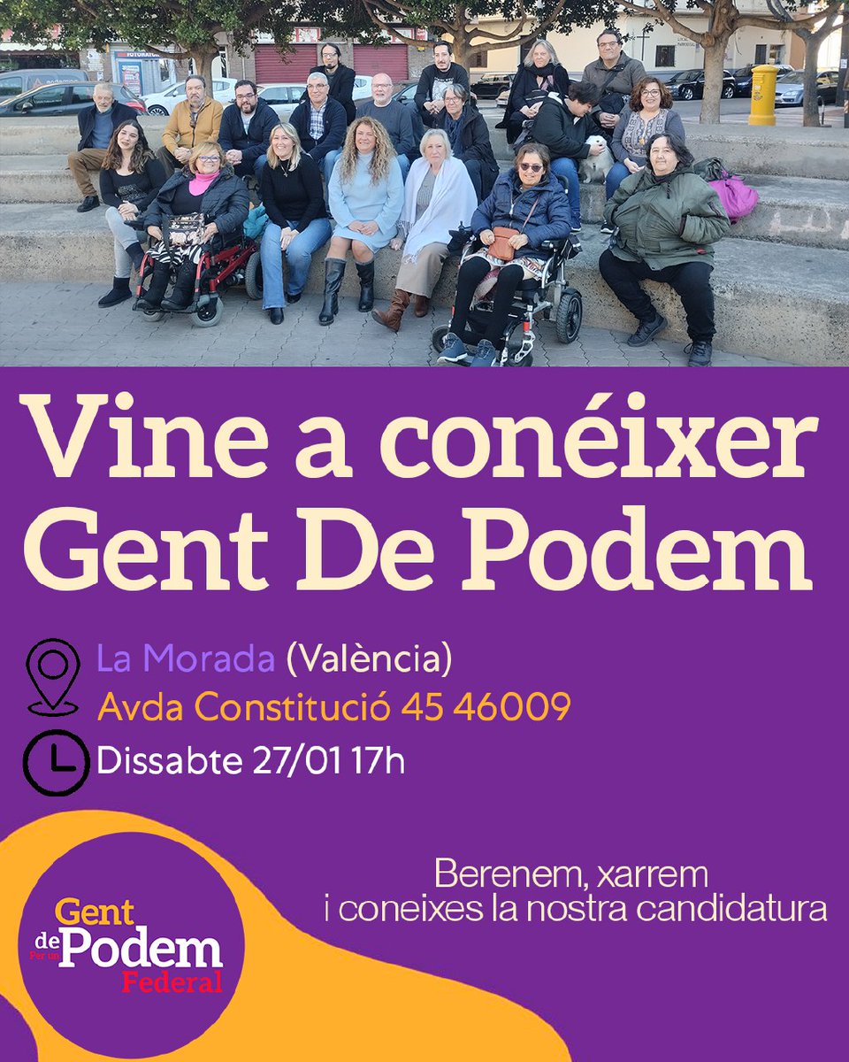 GentdPodemFed's tweet photo. Us convidem el Dissabte 27/01 a les 17 hores a la presentació de la nostra candidatura.
La Morada de València, Av. Constitució 45.
Berena amb nosaltres, coneix els nostres documents i resol els teus dubtes en primera persona.
T'esperem, entre tots aconseguirem el Podem que volem. https://t.co/sQFCDfNHV4