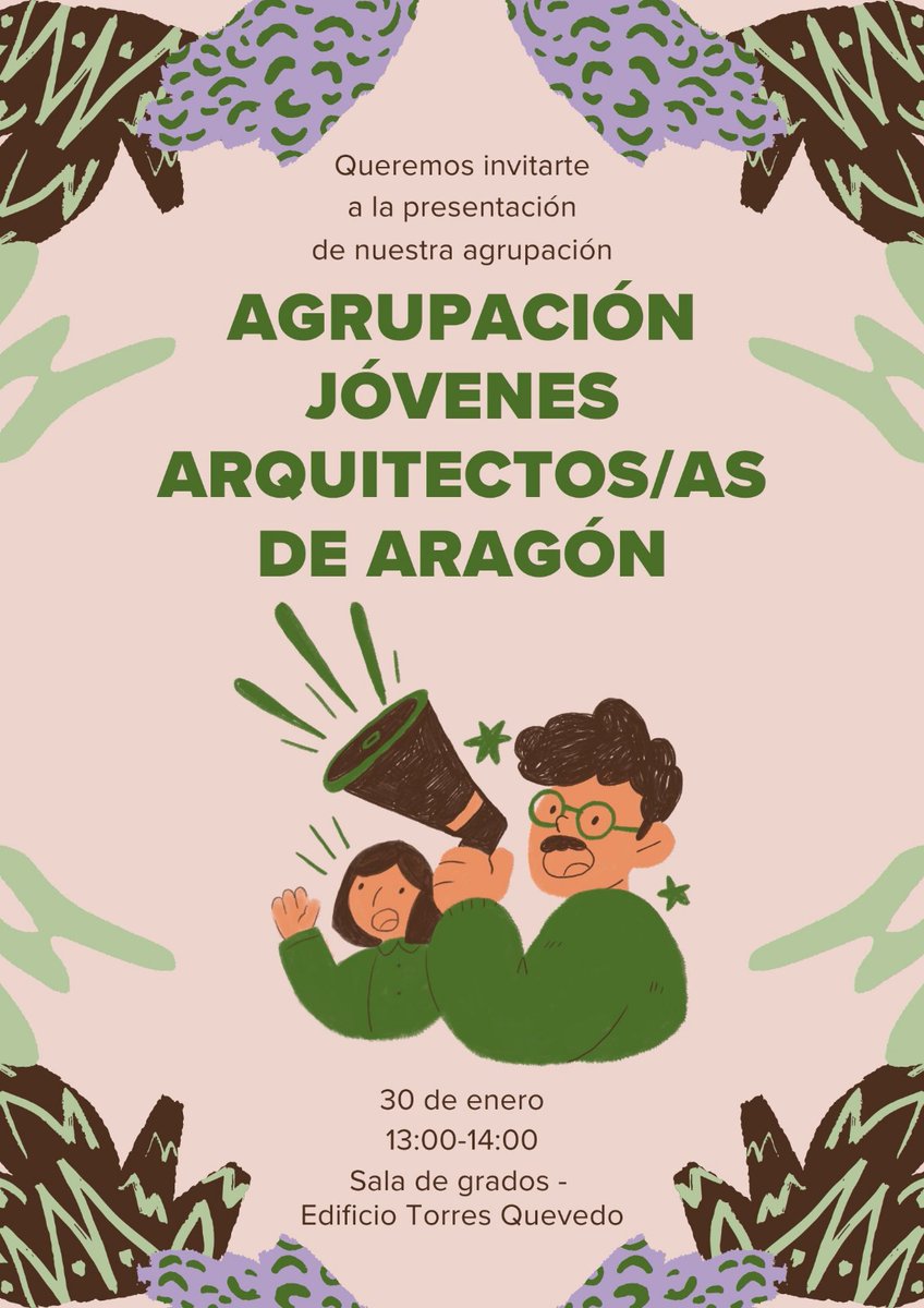 El martes 30 a las 13h (sala de grados edificio TQ) habrá una presentación de la Agrupación de Jóvenes arquitectos de Aragón para dar a conocer su actividad y escuchar las inquietudes de los futuros compañeros de profesión. Animamos a estudiantes y profesionales a asistir