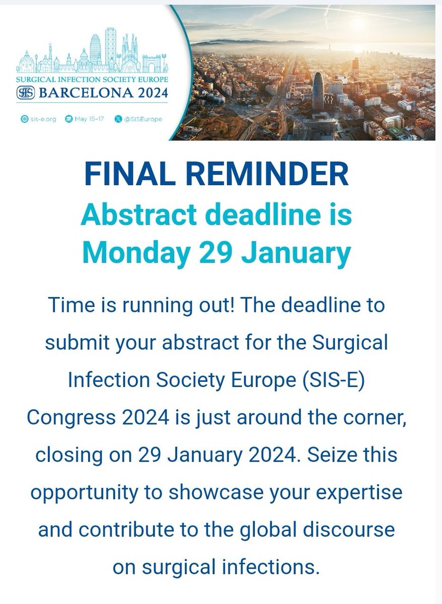 SurgInfectSoc-Europe (@siseurope) on Twitter photo ⏳Time flies!⏰Just 3 days to go! Submit your abstract for #SISE2024 don't miss out‼
👉Remember you can submit any clinical or basic #research on #surgicalinfection for oral presentation,poster or educational case reports for our #SISEOlympics workshop 
📢Sis-e.org ⏳Time flies!⏰Just 3 days to go! Submit your abstract for #SISE2024 don't miss out‼
👉Remember you can submit any clinical or basic #research on #surgicalinfection for oral presentation,poster or educational case reports for our #SISEOlympics workshop 
📢Sis-e.org