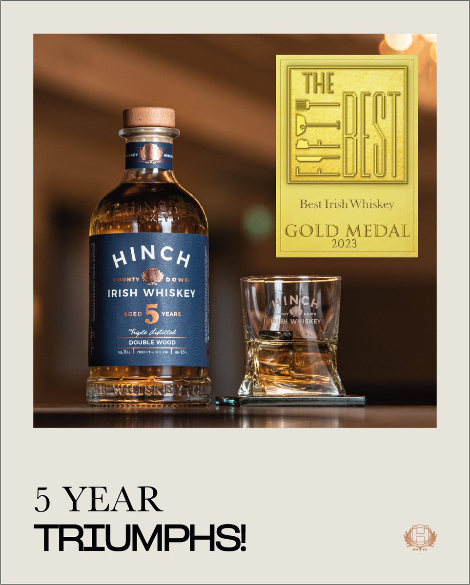 We're thrilled to announce that our 5 Year Old Double Wood Whiskey recently clinched GOLD at The Fifty Best awards! A cause of celebration on a Friday? We think so. #HinchWhiskey #Whiskey #IrishWhiskey #Awards #Winner #GoldMedal