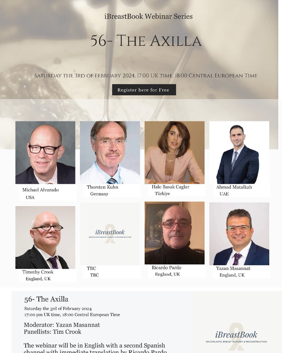 iBreastBook's tweet image. 56- The Axilla, Feb 3rd 
zurl.co/QfGu 
The Axilla in upfront Surgery, M. Alvarado, USA 
The Axilla post NACT, T. Kuhn, Germany 
Radiotherapy, H Basak Caglar 
Reverse Mapping, A. Matalkah, UAE 
Discussion with T. Crook, R. Pardo &amp;amp; Y. Masannat

zurl.co/vm77