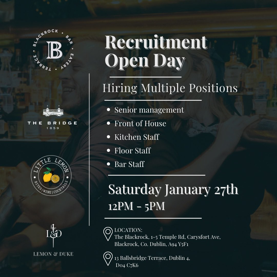 Join us at our Recruitment Open Day on Saturday the 27th of January from 12-5pm 🗓️ We are hiring for multiple positions across our 4 venues in Dublin. Bring your CV to either The Blackrock or The Bridge 1859 on the 27th, the team can’t wait to meet you!🤝