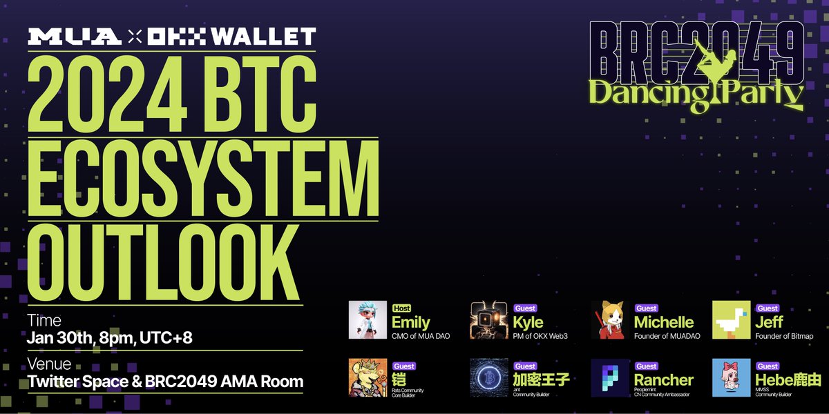 MUA_MUADAO's tweet photo. 🥂 #MUA x #OKXWallet #BRC2049 MUA~ Dancing Party AMA Series🥂

Jan. 30th, 12:00 UTC, Join us for an insightful session with @OKXWeb3_CN, @BitmapTech, @Bitrats_org, @PeopleMint_io, @BRCAntArmy & @MMSSbrc20 on the "2024 BTC ECOSYSTEM OUTLOOK"!

🔔 Subscribe now:
https://t.co/hKdqvAsXO1

🎁 50 USDT #giveaway: https://t.co/St0keZToTi