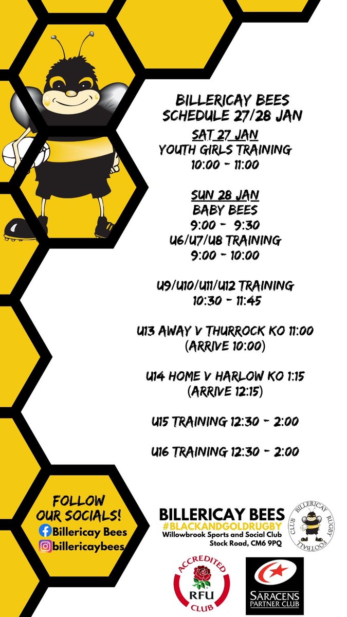 BILLERICAY BEES SCHEDULE 27/28 JANUARY
Another packed weekend of rugby ahead...
Plenty of rugby happening this weekend, training for most groups but our U13 and U14s have matches. Go well boys and enjoy yourselves!
Happy rugby weekend everyone !
Billericay Bees